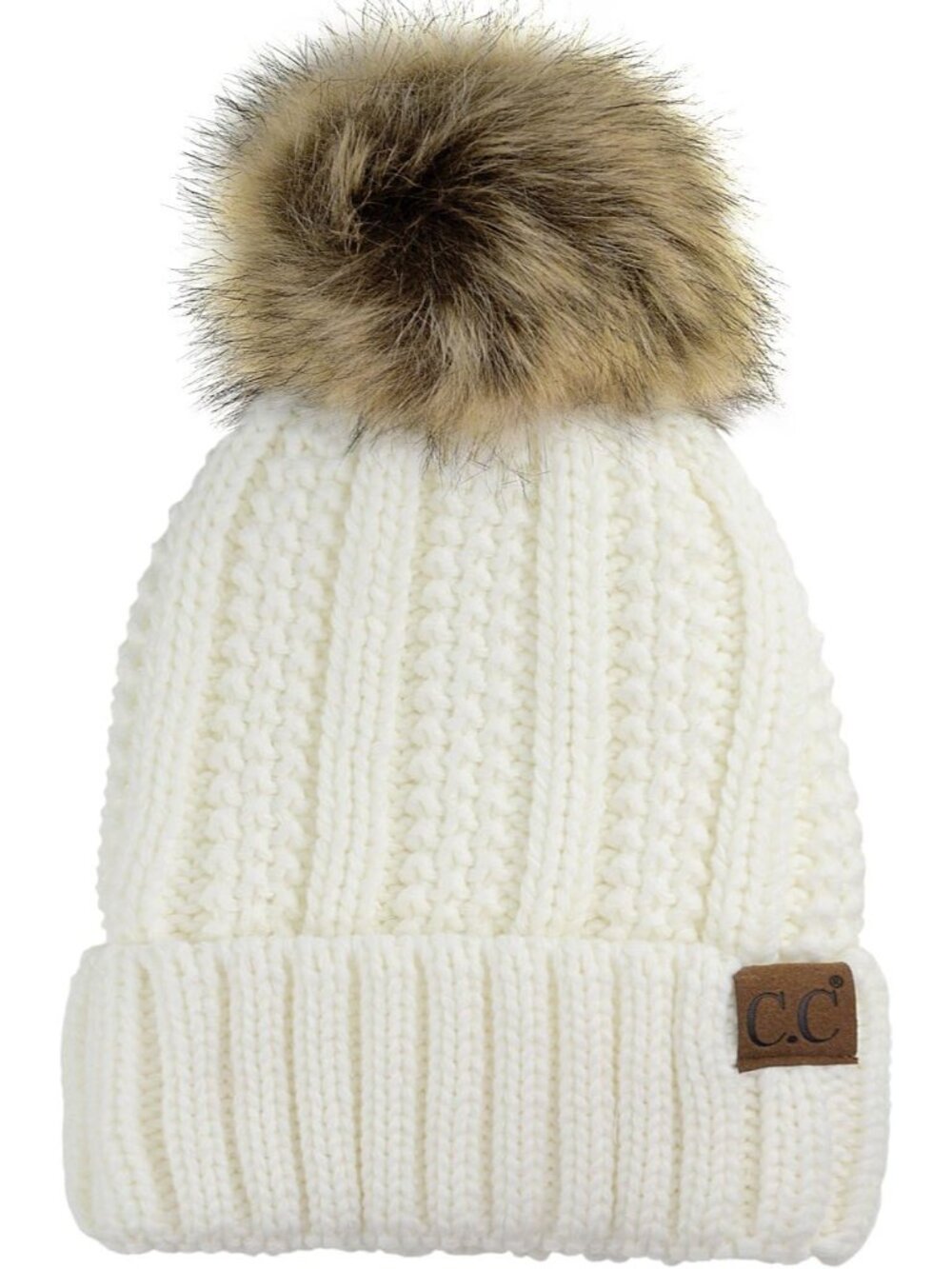 Thick Cable Knit Faux Fuzzy Fur Pom Fleece Lined Skull Cap Cuff Beanie